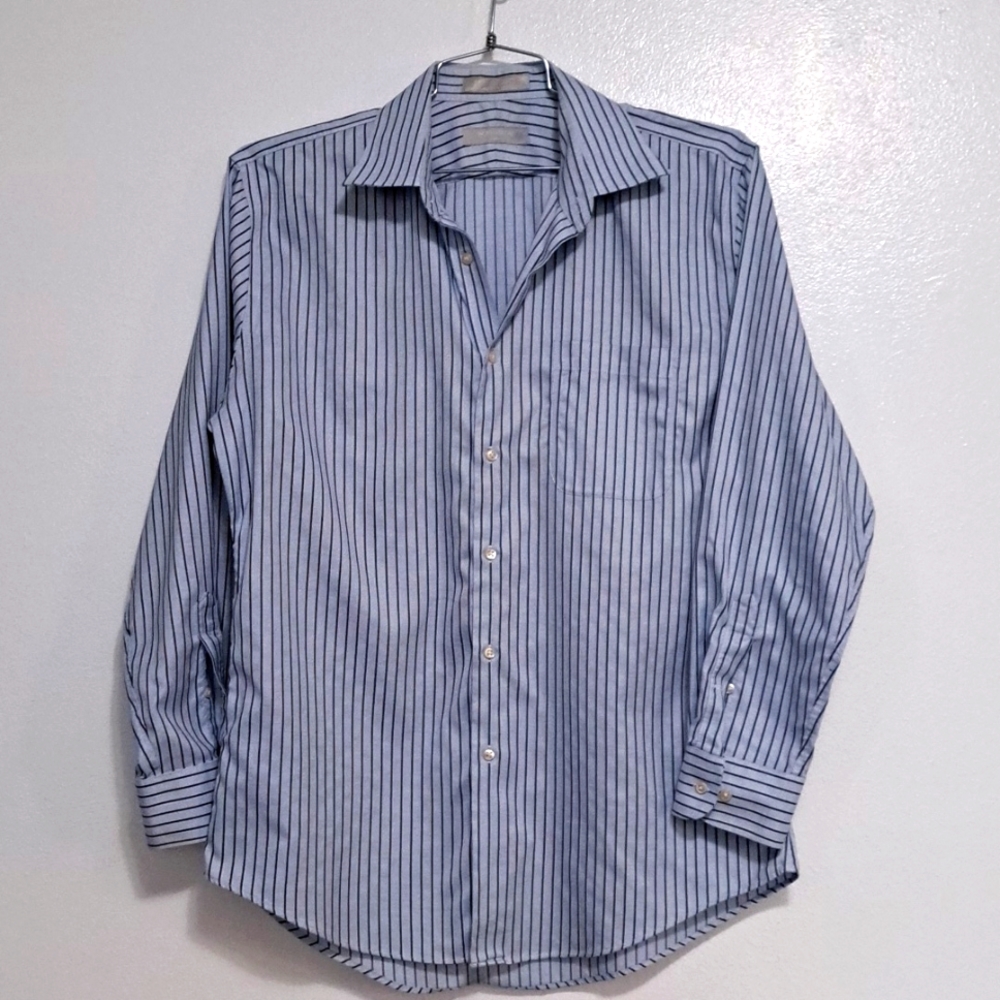 Nordstrom Smartcase Dress Shirt Navy Stripe medium button front cotton